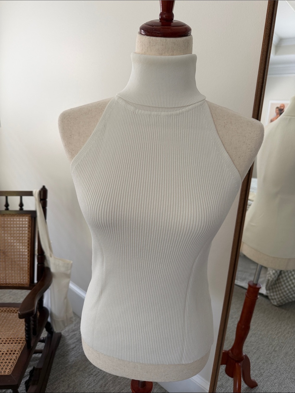 Animale Cream Ribbed High-Neck Tank Top